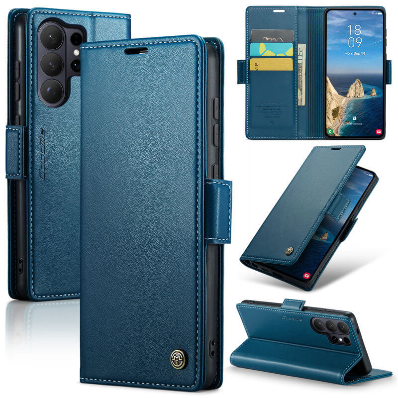 CaseMe Samsung Galaxy S26 Ultra RFID Wallet Case with Magnetic Buckle & Wireless Charging Blue