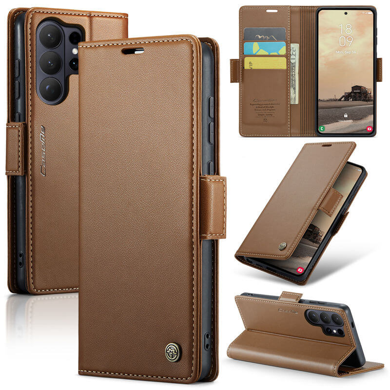 CaseMe Samsung Galaxy S26 Ultra RFID Wallet Case with Magnetic Buckle & Wireless Charging Brown