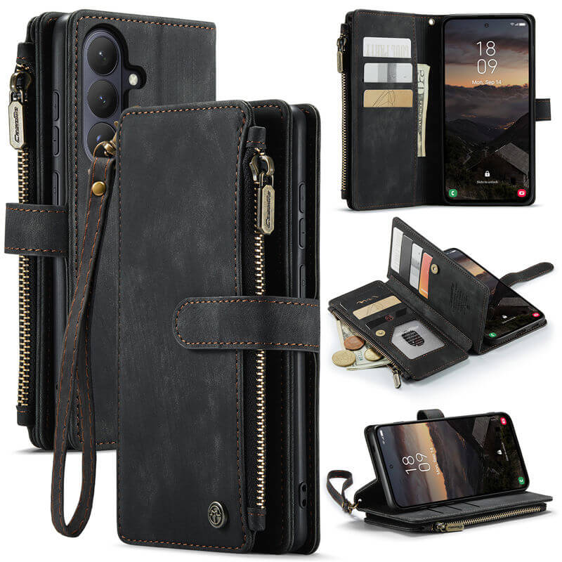 CaseMe Samsung Galaxy S26 Wallet Case with 10 Card Slots, Zipper Pocket & Wireless Charging Black