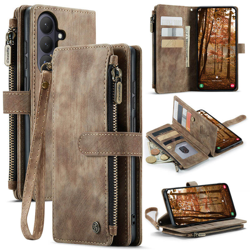 CaseMe Samsung Galaxy S26 Wallet Case with 10 Card Slots, Zipper Pocket & Wireless Charging Coffee