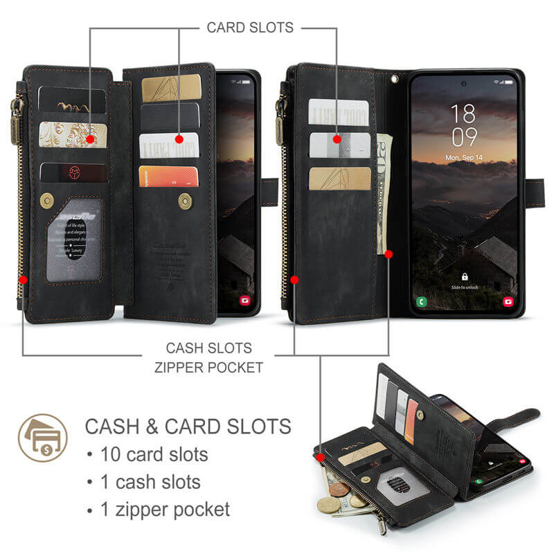 CaseMe Samsung Galaxy S26 Wallet Case with 10 Card Slots, Zipper Pocket & Wireless Charging