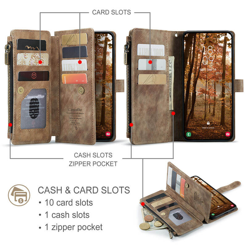 CaseMe Samsung Galaxy S26 Wallet Case with 10 Card Slots, Zipper Pocket & Wireless Charging