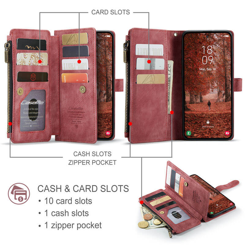 CaseMe Samsung Galaxy S26 Plus Wallet Case with 10 Card Slots, Zipper Pocket & Wireless Charging