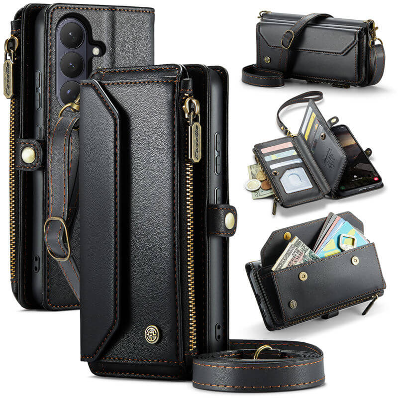 CaseMe Samsung Galaxy S26 RFID Wallet Case with Crossbody Strap, 10 Card Slots, Zipper Pocket & Wireless Charging Black