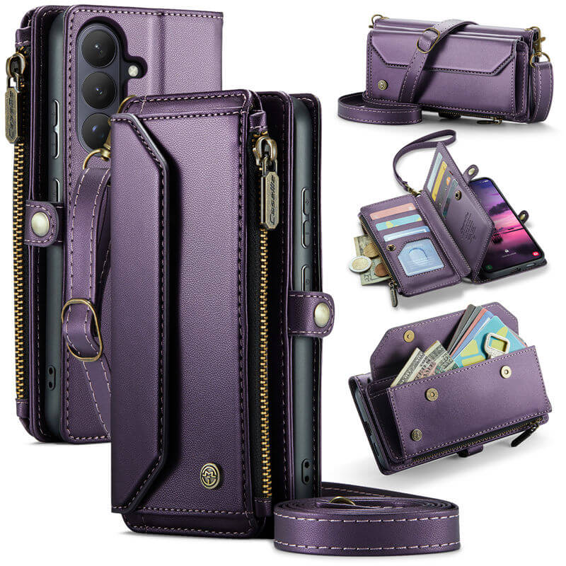 CaseMe Samsung Galaxy S26 RFID Wallet Case with Crossbody Strap, 10 Card Slots, Zipper Pocket & Wireless Charging Purple