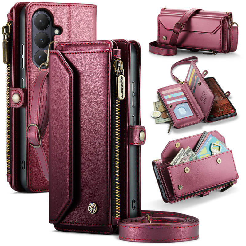 CaseMe Samsung Galaxy S26 RFID Wallet Case with Crossbody Strap, 10 Card Slots, Zipper Pocket & Wireless Charging Red