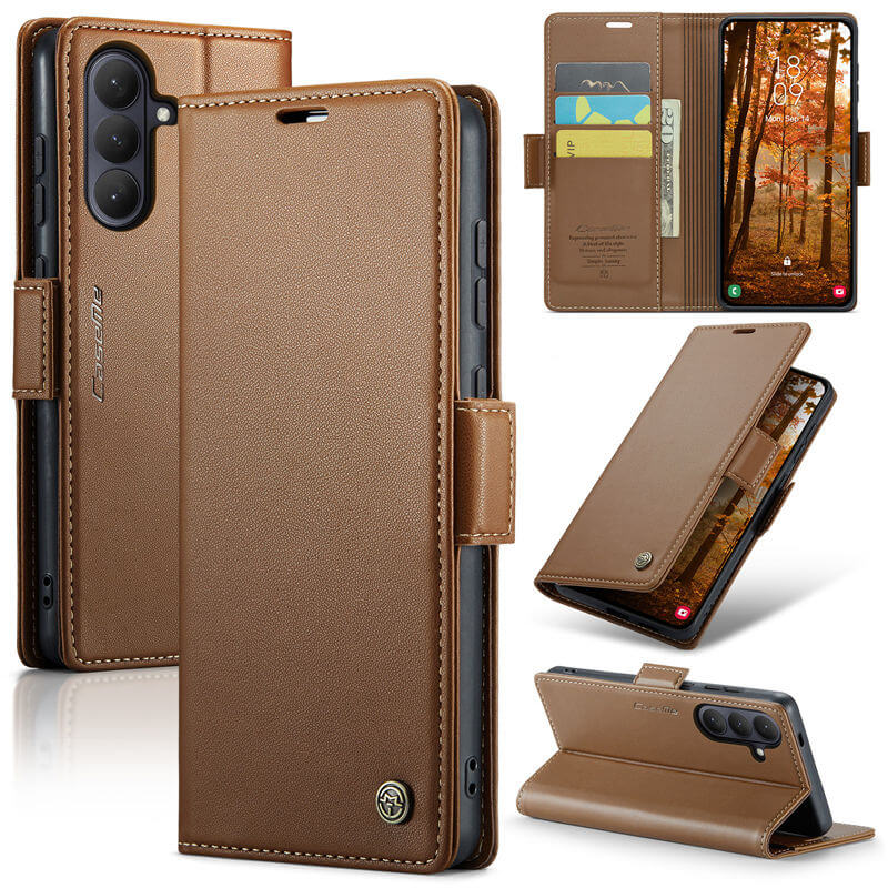 CaseMe Samsung Galaxy S26 RFID Wallet Case with Magnetic Buckle & Wireless Charging Brown