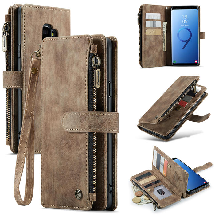 CaseMe Samsung Galaxy S9 Plus Zipper Wallet Kickstand Case Coffee