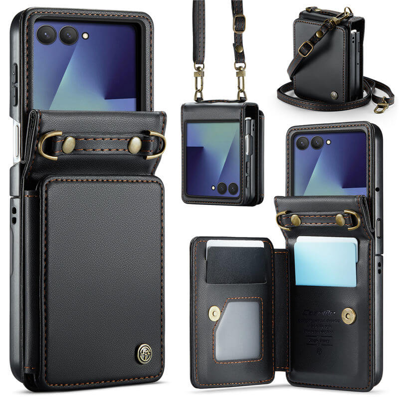 CaseMe Samsung Galaxy Z Flip7 Wallet Case with RFID & Crossbody Strap Black