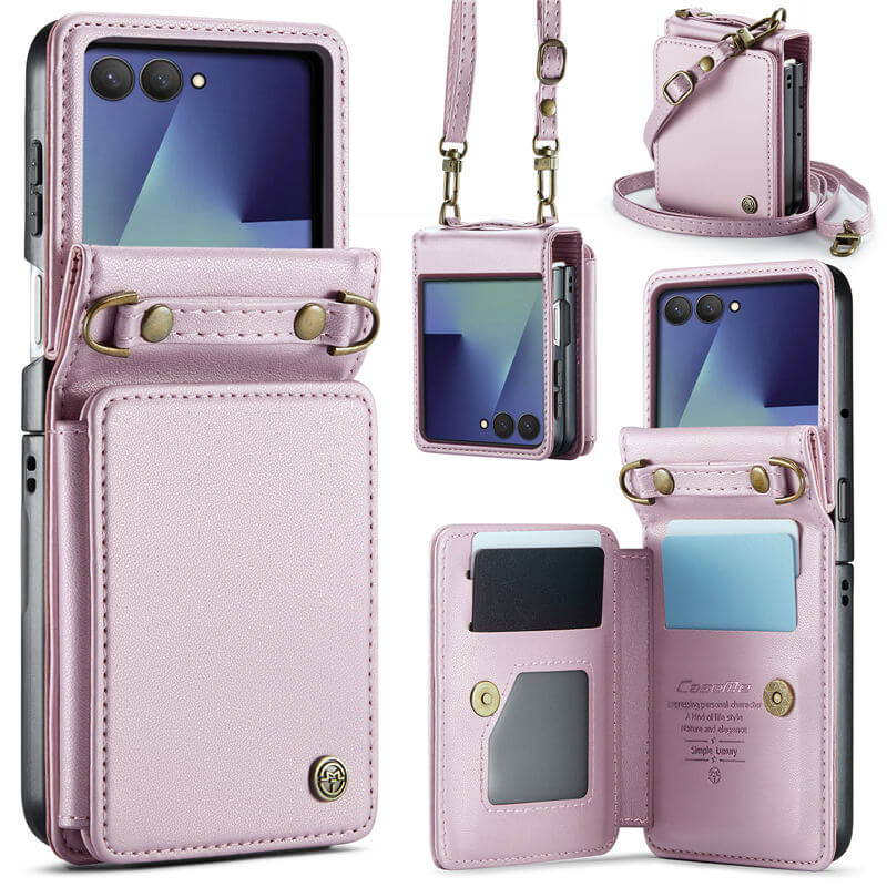 CaseMe Samsung Galaxy Z Flip7 Wallet Case with RFID & Crossbody Strap Pink