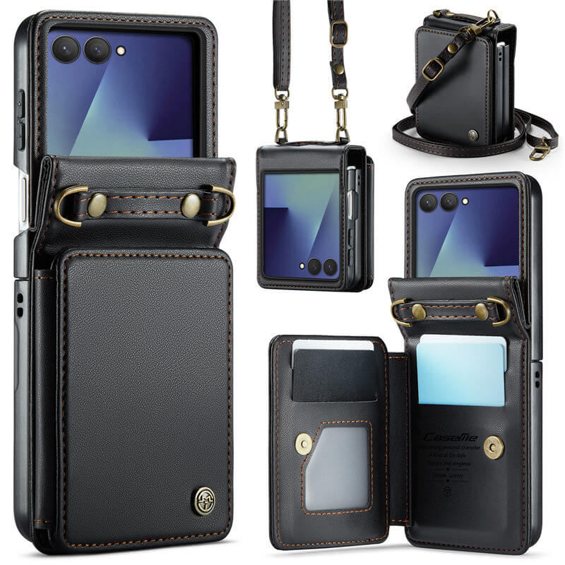 CaseMe Samsung Galaxy Z Flip 8 RFID Blocking Card Holder Case with Crossbody Strap Black