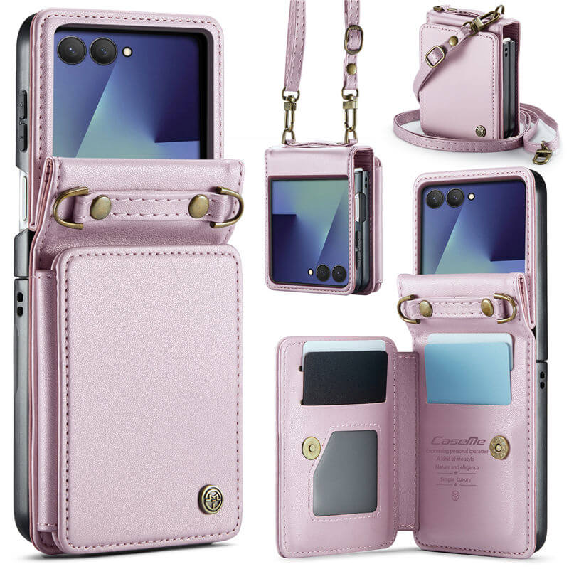CaseMe Samsung Galaxy Z Flip 8 RFID Blocking Card Holder Case with Crossbody Strap Pink