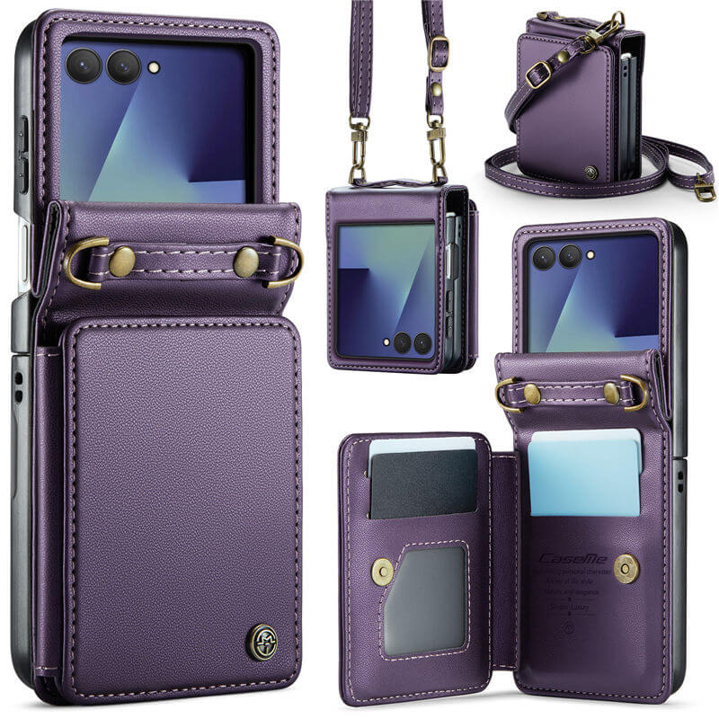 CaseMe Samsung Galaxy Z Flip 8 RFID Blocking Card Holder Case with Crossbody Strap Purple