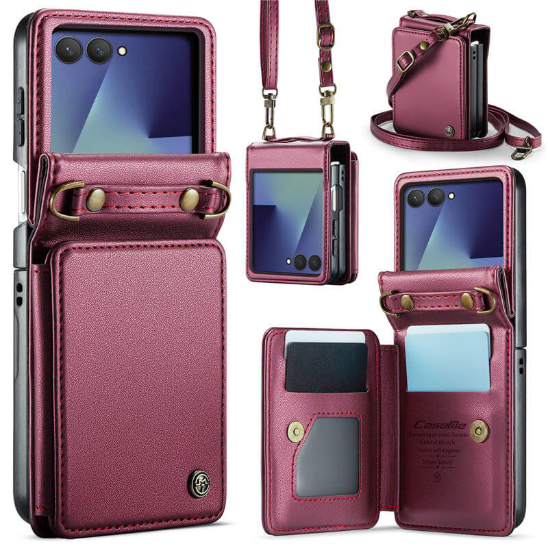 CaseMe Samsung Galaxy Z Flip 8 RFID Blocking Card Holder Case with Crossbody Strap Red