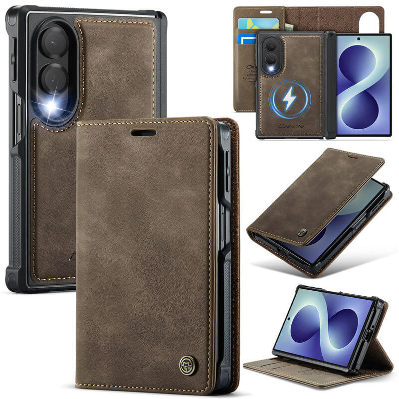 CaseMe Samsung Galaxy Z Fold 8 2-in-1 Magnetic Wallet Case – Wireless Charging & RFID Blocking Coffee