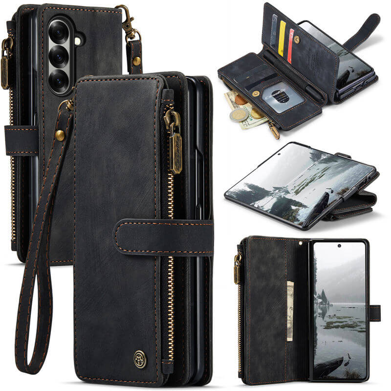 CaseMe Samsung Galaxy Z Fold7 Zipper Wallet Case with Wrist Strap Black