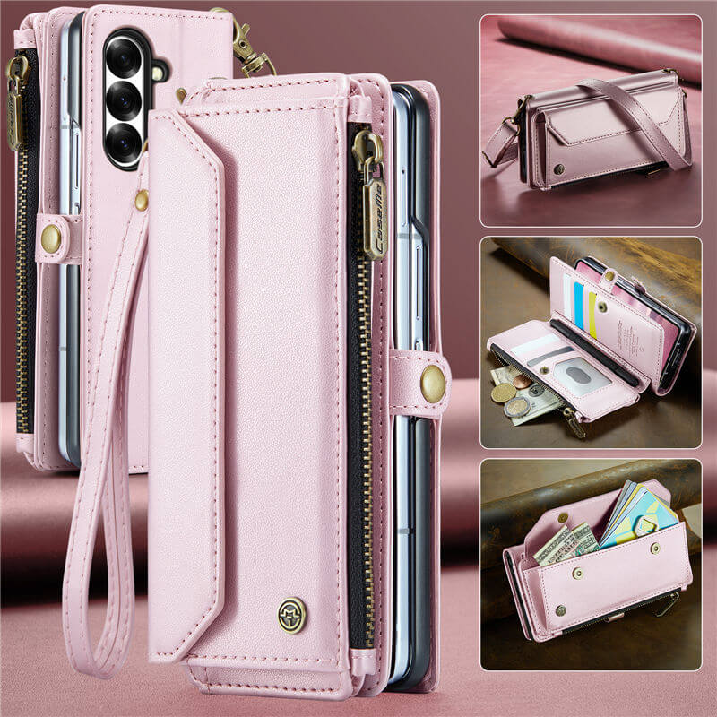 CaseMe Samsung Galaxy Z Fold7 Wallet Case with Crossbody Strap, RFID Blocking & Wireless Charging Support Pink