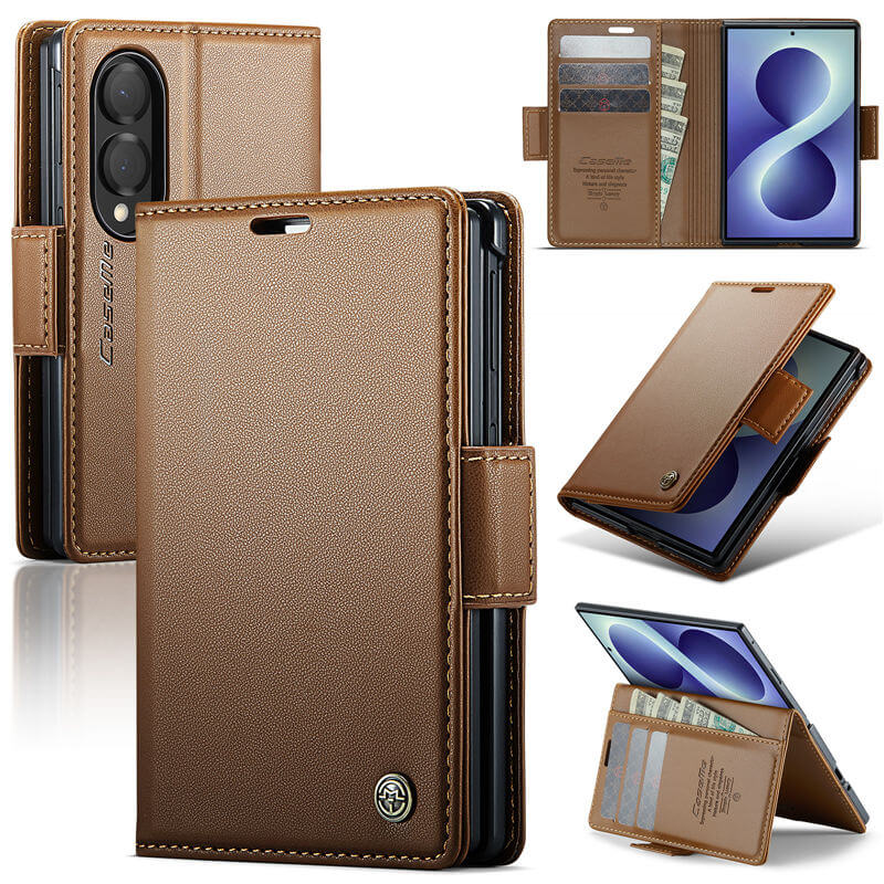 CaseMe Samsung Galaxy Z Fold 8 RFID Wallet Case with Magnetic Buckle & Wireless Charging Brown