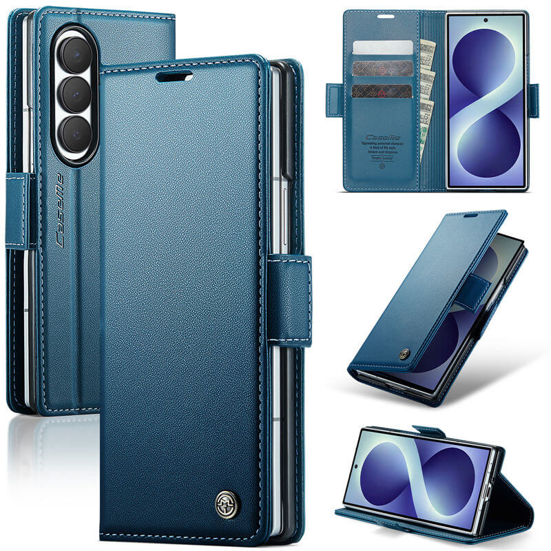 CaseMe Samsung Galaxy Z Fold 8 Ultra RFID Wallet Case with Magnetic Buckle & Wireless Charging Blue