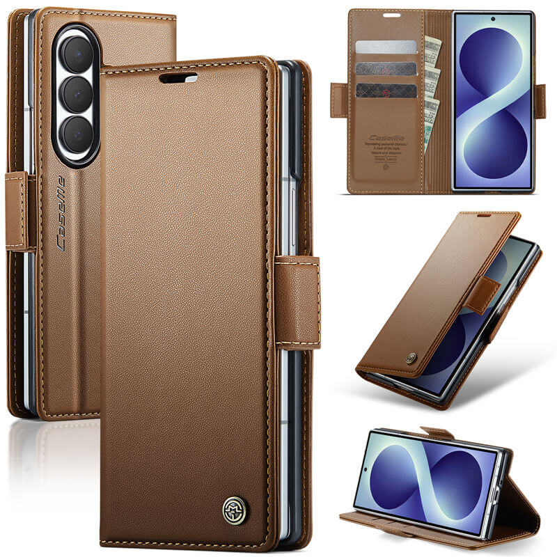 CaseMe Samsung Galaxy Z Fold 8 Ultra RFID Wallet Case with Magnetic Buckle & Wireless Charging Brown
