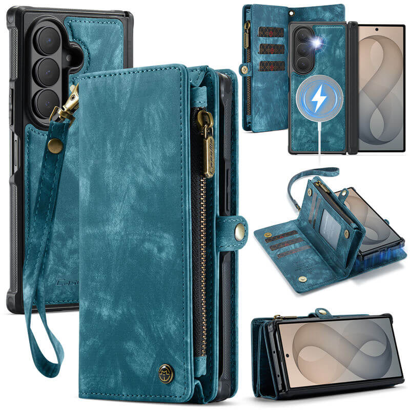 CaseMe Samsung Galaxy Z Fold 8 Ultra 2-in-1 Magnetic Wallet Case with 8 Card Slots, Zipper Pocket & Wireless Charging Blue