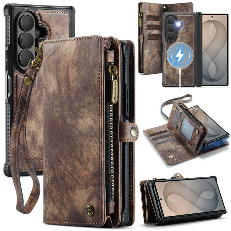 CaseMe Samsung Galaxy Z Fold 8 Ultra 2-in-1 Magnetic Wallet Case with 8 Card Slots, Zipper Pocket & Wireless Charging Coffee