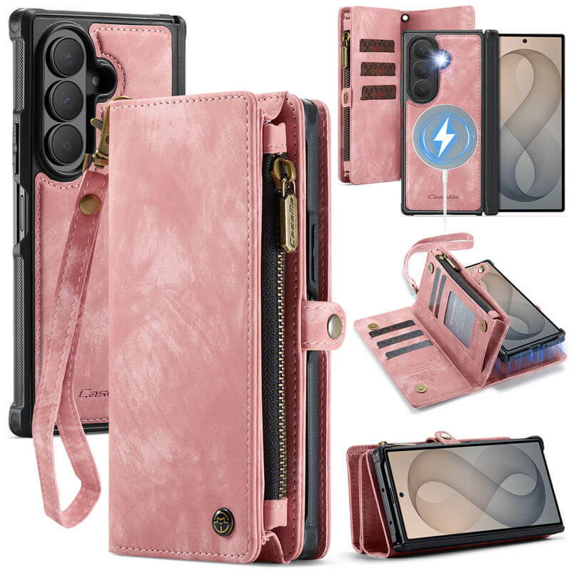 CaseMe Samsung Galaxy Z Fold 8 Ultra 2-in-1 Magnetic Wallet Case with 8 Card Slots, Zipper Pocket & Wireless Charging Pink
