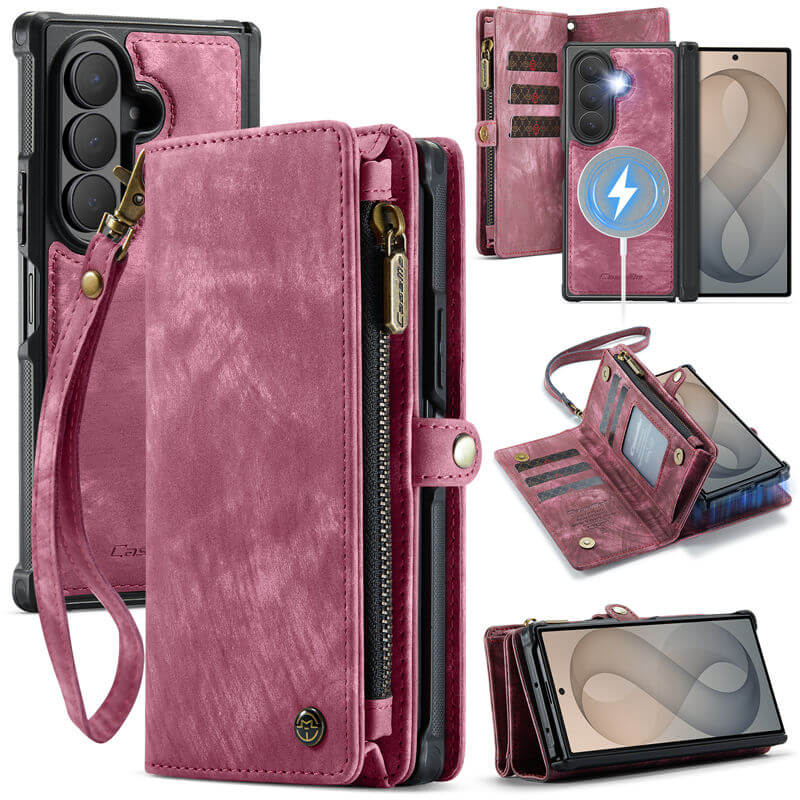 CaseMe Samsung Galaxy Z Fold 8 Ultra 2-in-1 Magnetic Wallet Case with 8 Card Slots, Zipper Pocket & Wireless Charging Red