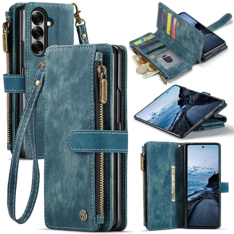 CaseMe Samsung Galaxy Z Fold 8 Ultra Wallet Case with Zipper Pocket & Wireless Charging Blue