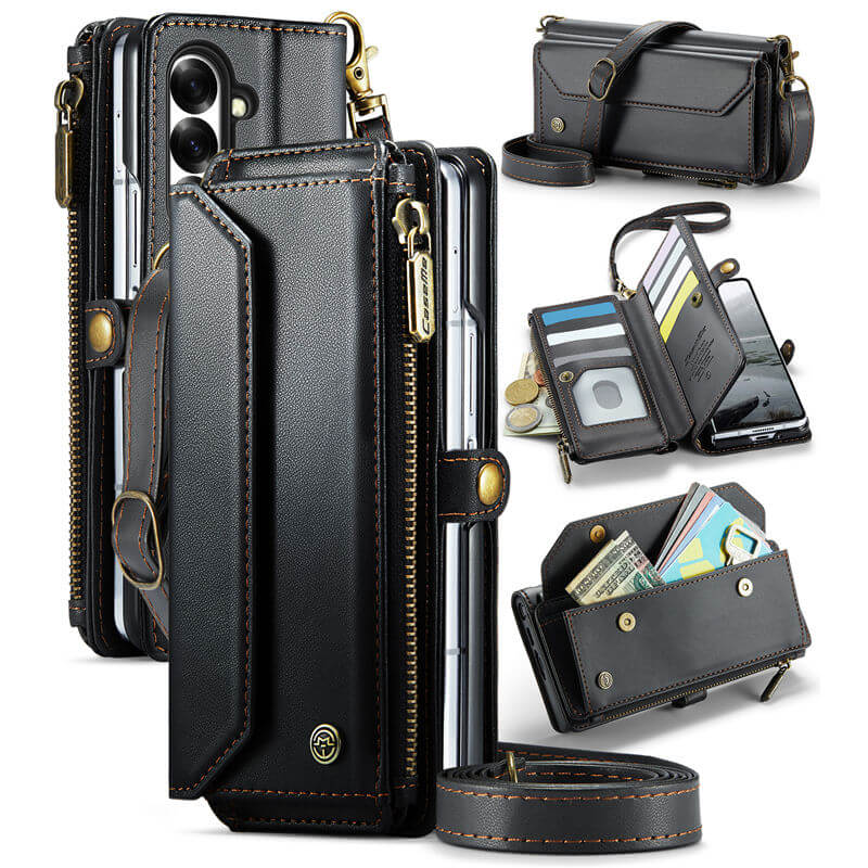 CaseMe Samsung Galaxy Z Fold 8 Ultra RFID Wallet Case with Crossbody Strap, Zipper Pocket & Wireless Charging Black