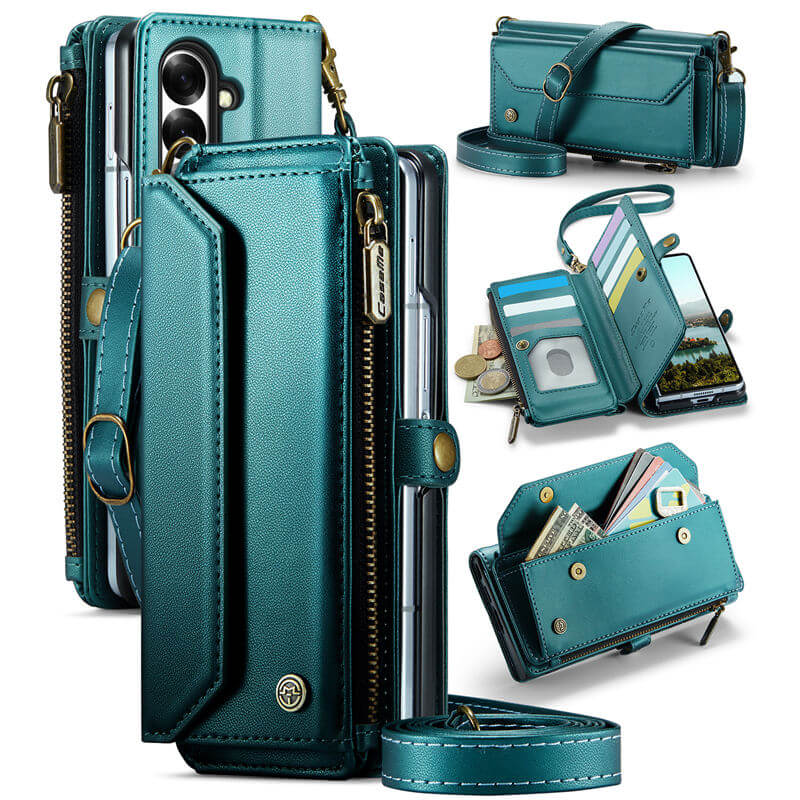 CaseMe Samsung Galaxy Z Fold 8 Ultra RFID Wallet Case with Crossbody Strap, Zipper Pocket & Wireless Charging Green