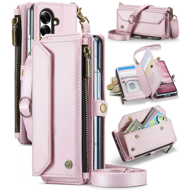 CaseMe Samsung Galaxy Z Fold 8 Ultra RFID Wallet Case with Crossbody Strap, Zipper Pocket & Wireless Charging Pink