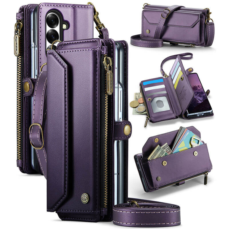 CaseMe Samsung Galaxy Z Fold 8 Ultra RFID Wallet Case with Crossbody Strap, Zipper Pocket & Wireless Charging Purple