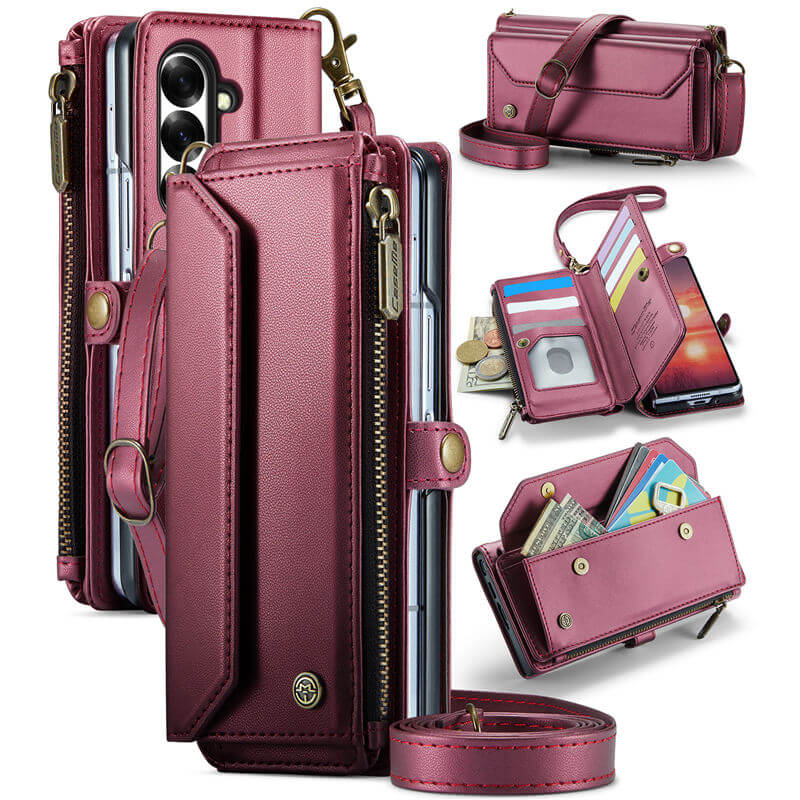 CaseMe Samsung Galaxy Z Fold 8 Ultra RFID Wallet Case with Crossbody Strap, Zipper Pocket & Wireless Charging Red