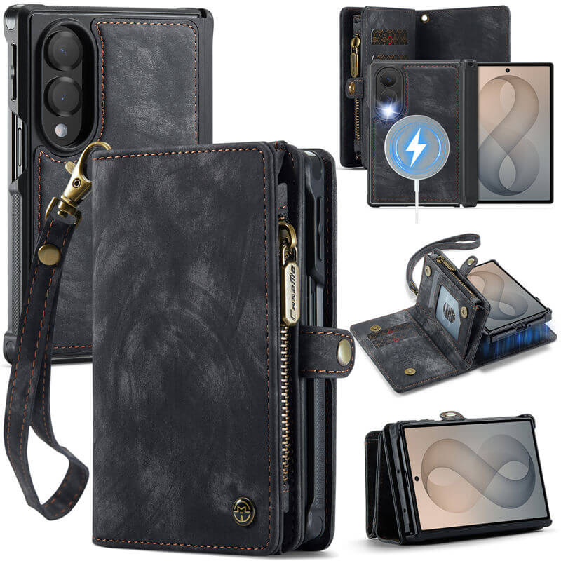 CaseMe Samsung Galaxy Z Fold 8 2-in-1 Magnetic Wallet Case with 5 card slots, Zipper Pocket & Wireless Charging Black