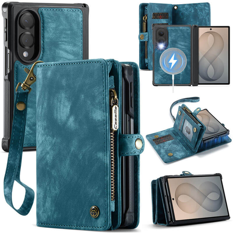 CaseMe Samsung Galaxy Z Fold 8 2-in-1 Magnetic Wallet Case with 5 card slots, Zipper Pocket & Wireless Charging Blue