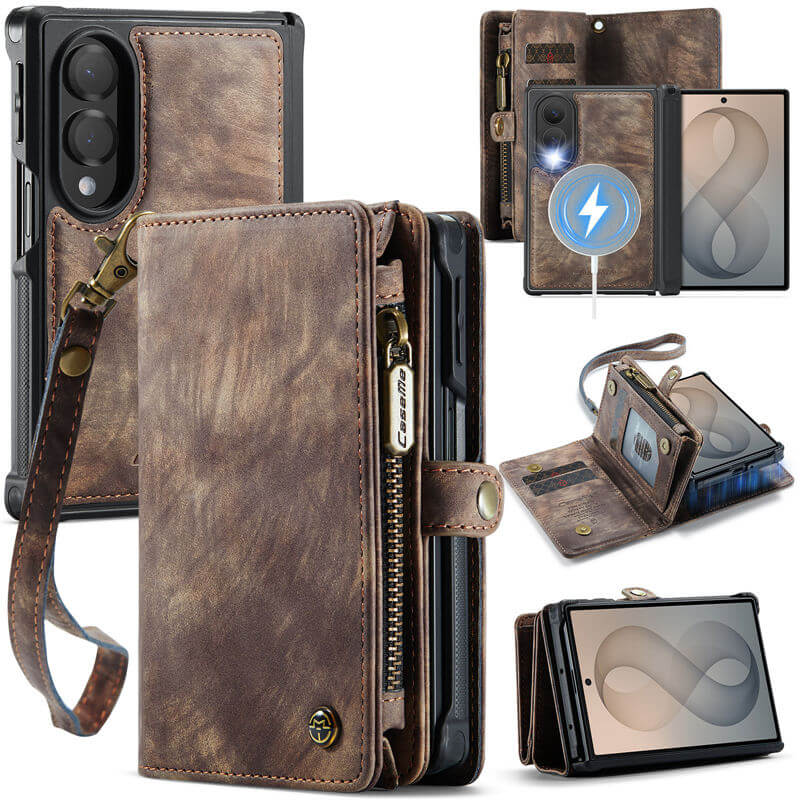 CaseMe Samsung Galaxy Z Fold 8 2-in-1 Magnetic Wallet Case with 5 card slots, Zipper Pocket & Wireless Charging Coffee