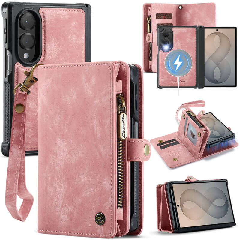 CaseMe Samsung Galaxy Z Fold 8 2-in-1 Magnetic Wallet Case with 5 card slots, Zipper Pocket & Wireless Charging Pink