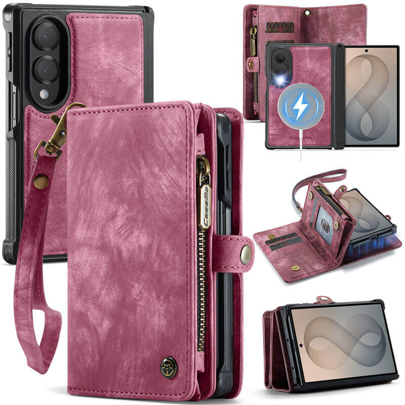 CaseMe Samsung Galaxy Z Fold 8 2-in-1 Magnetic Wallet Case with 5 card slots, Zipper Pocket & Wireless Charging Red
