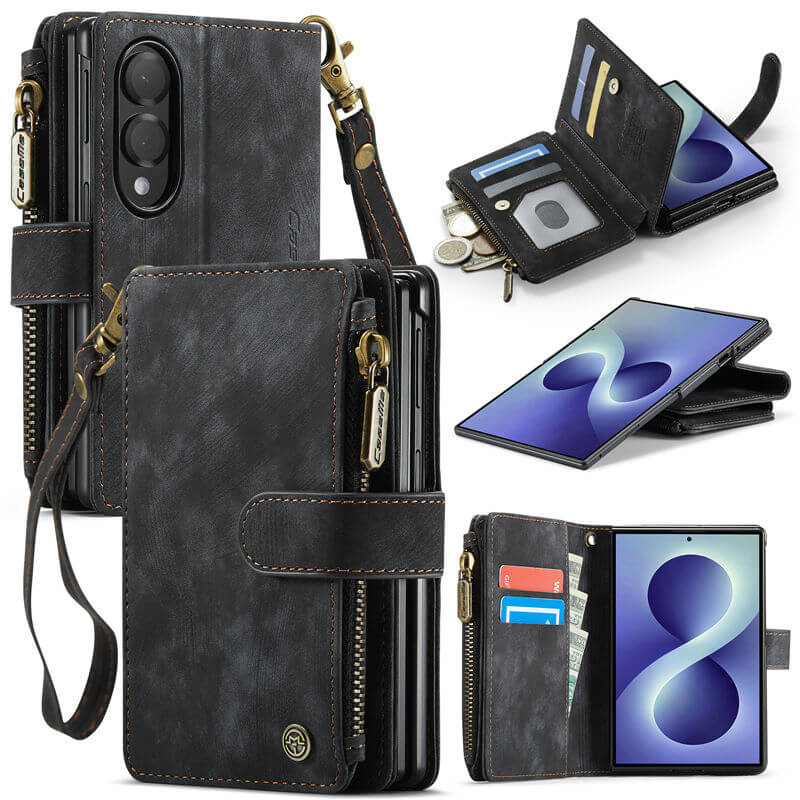 CaseMe Samsung Galaxy Z Fold 8 Wallet Case with Zipper Pocket & Wireless Charging Black