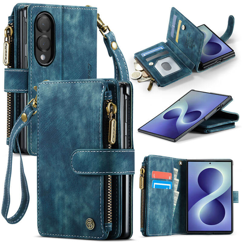 CaseMe Samsung Galaxy Z Fold 8 Wallet Case with Zipper Pocket & Wireless Charging Blue