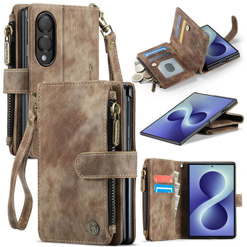 CaseMe Samsung Galaxy Z Fold 8 Wallet Case with Zipper Pocket & Wireless Charging Coffee