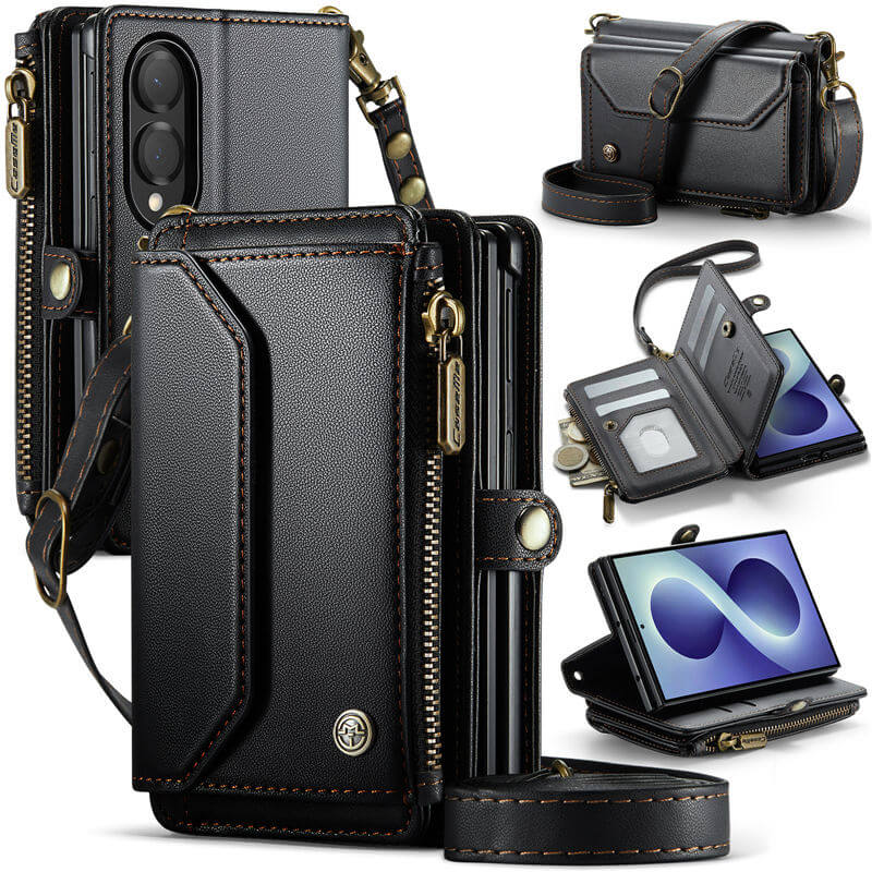 CaseMe Samsung Galaxy Z Fold 8 RFID Wallet Case with Crossbody Strap, Zipper Pocket & Wireless Charging Black