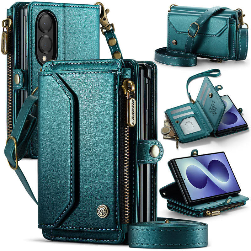 CaseMe Samsung Galaxy Z Fold 8 RFID Wallet Case with Crossbody Strap, Zipper Pocket & Wireless Charging Green