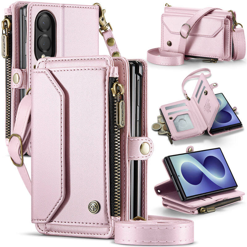 CaseMe Samsung Galaxy Z Fold 8 RFID Wallet Case with Crossbody Strap, Zipper Pocket & Wireless Charging Pink