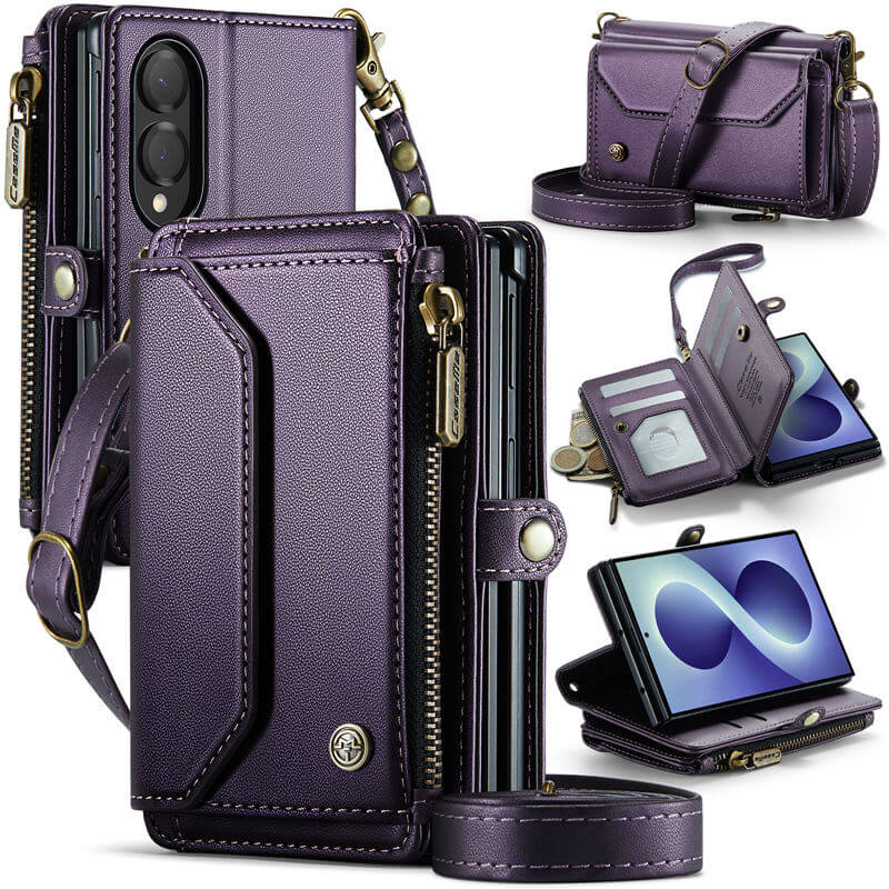 CaseMe Samsung Galaxy Z Fold 8 RFID Wallet Case with Crossbody Strap, Zipper Pocket & Wireless Charging Purple