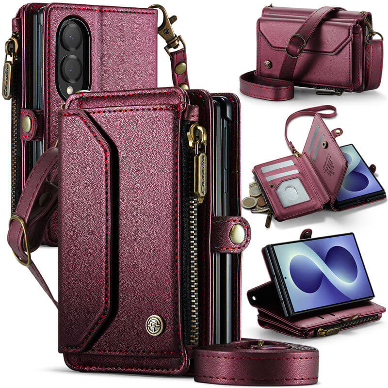CaseMe Samsung Galaxy Z Fold 8 RFID Wallet Case with Crossbody Strap, Zipper Pocket & Wireless Charging Red