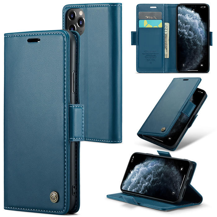 CaseMe iPhone 11 Pro Wallet RFID Blocking Magnetic Buckle Case Blue - Click Image to Close