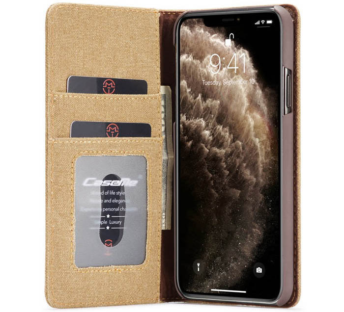 CaseMe iPhone 11 Pro Canvas Leather Wallet Magnetic Flip Stand Case