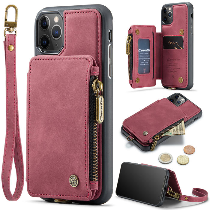 CaseMe iPhone 14 Pro Max Vintage Leather Zipper Folio Wallet Case with  Wrist Strap Red